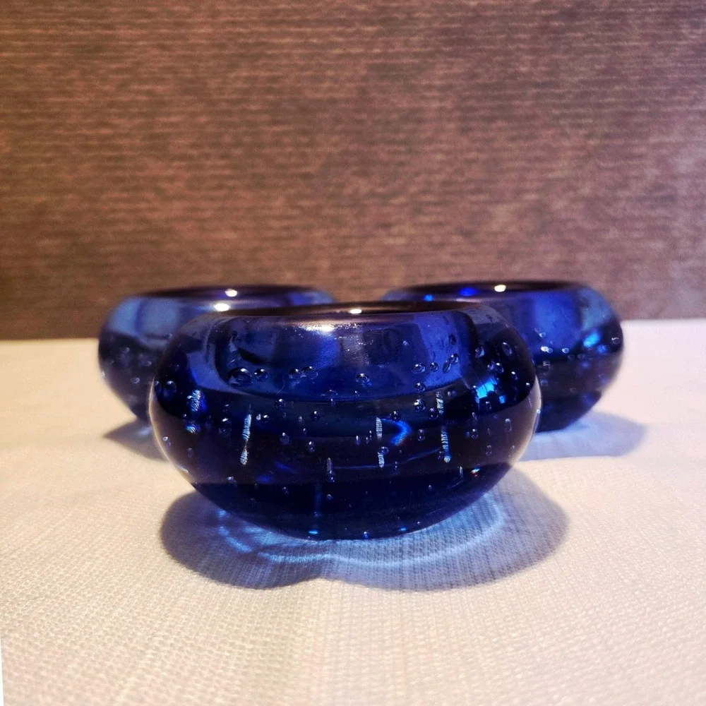 3 IKEA Blue Art Glass Controlled Bubble Paperweight Tea‎ light Candle Holder Set